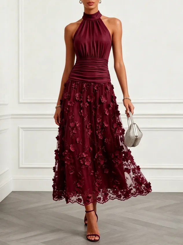 Wine Red 3D Floral Appliqué Embroidery Classic Halter Neck Sleeveless A-Line Maxi Dress