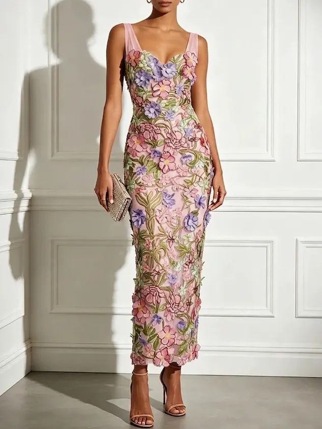 Khaki 3D Floral Appliqué Lace Halter Neck Sleeveless Sheath Midi Dress