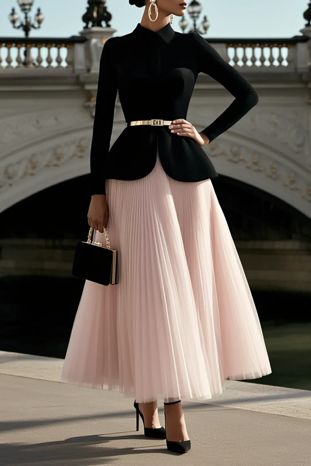 Cocktail Party Skirt Sets Black Long Sleeve Top Pink Pleated Maxi Skirt - Black