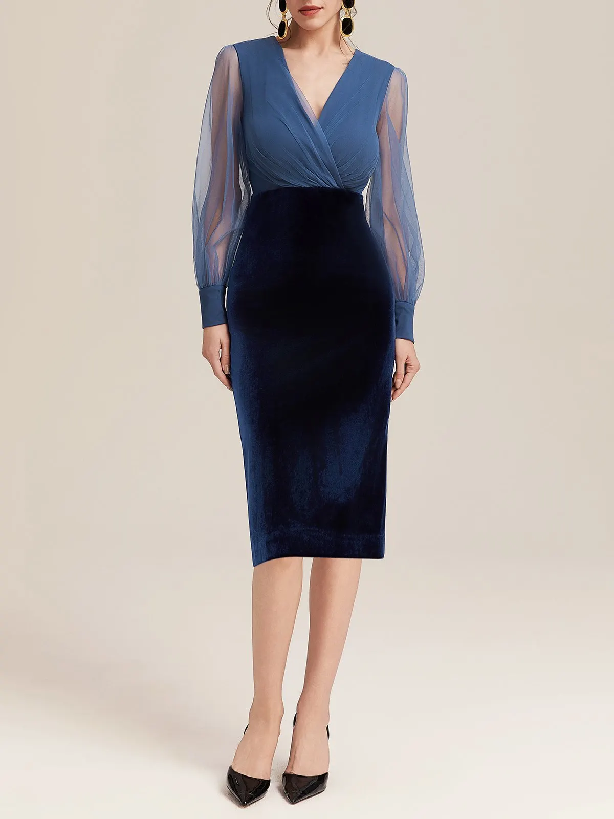 Navy Blue Mesh Split Joint Balloon Sleeve Sheath Midi Velvet Dress