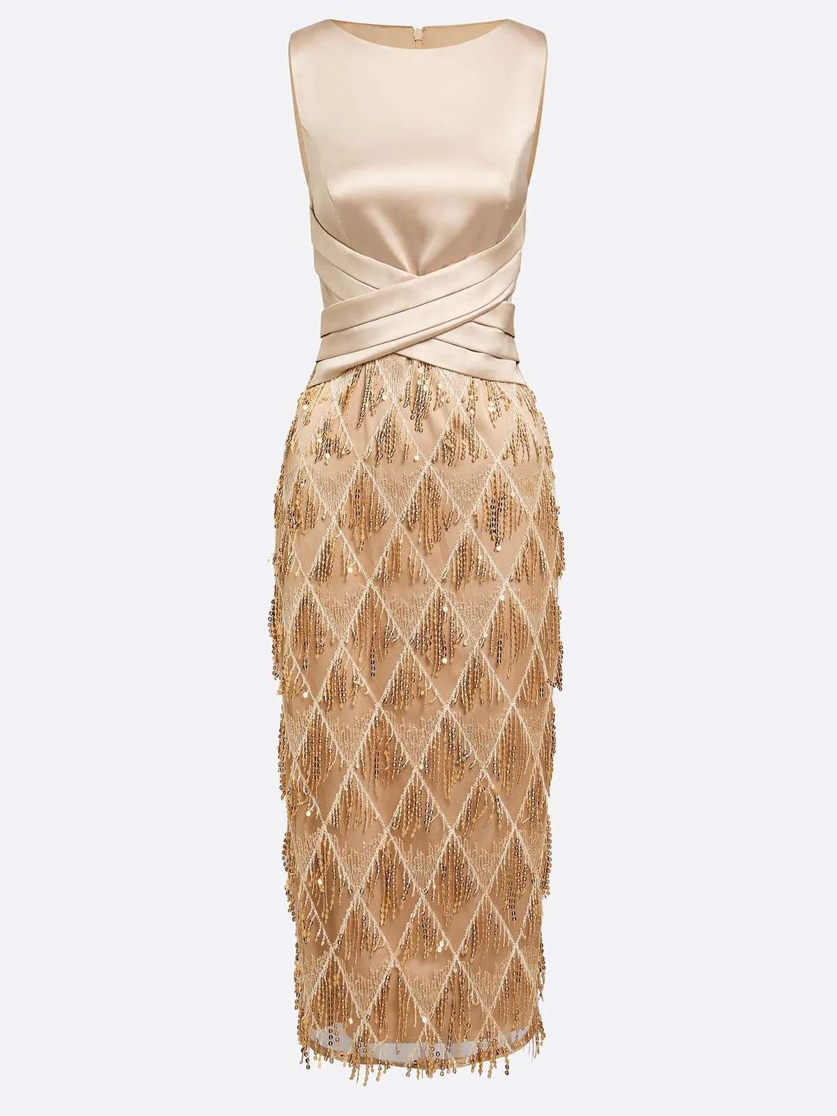 Champagne Tassel Sequin Boat Neck Sleeveless Sheath Midi Dress