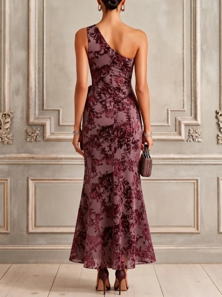 Burgundy Flocked 3D Floral Classic One Shoulder Sleeveless Mermaid Maxi Dress - Burgundy
