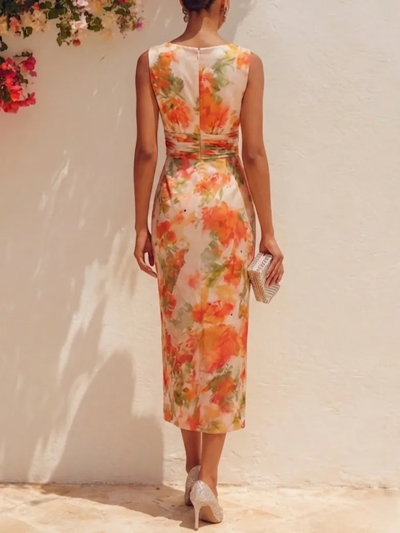 Orange Floral Chiffon V Neck Sleeveless Sheath Midi Dress