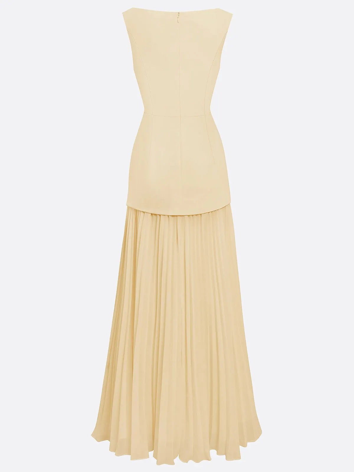 Light Yellow Pleated Classic Boat Neck Sleeveless A-Line Floor-length Gown Dress