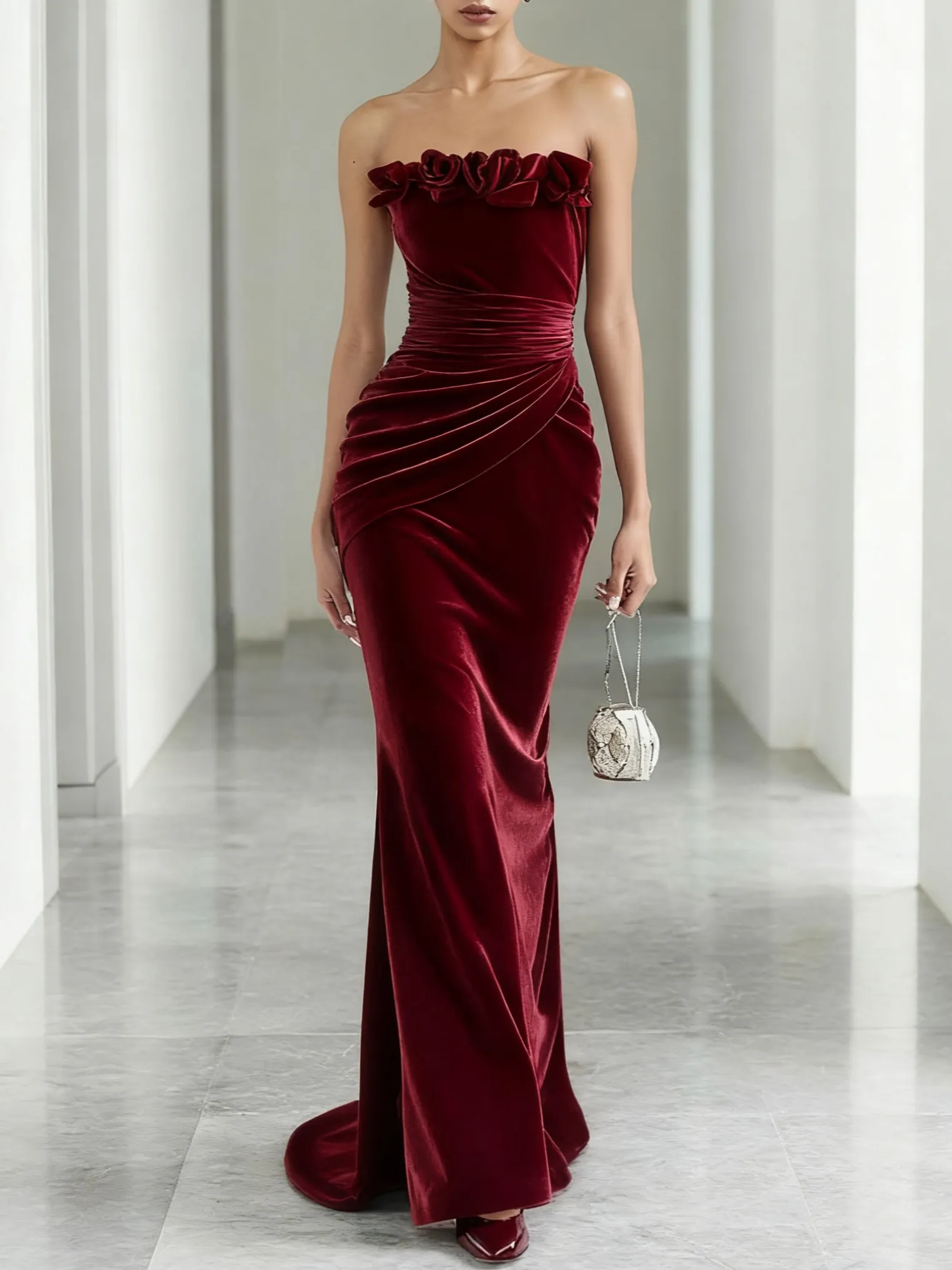 Wine Red 3D Floral Velvet Strapless Sleeveless Sheath Gown Dress - Wine Red