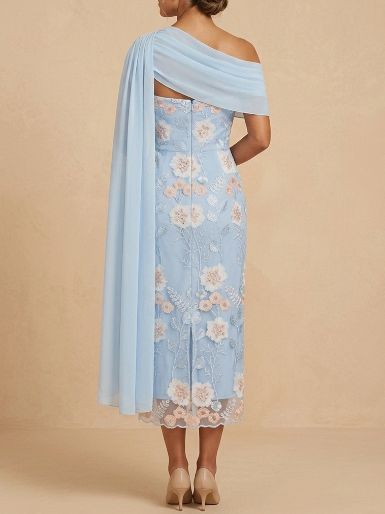 Light Blue Floral Embroidered Lace Mother of the Bride Dress with Chiffon Cape Overlay - Light Blue