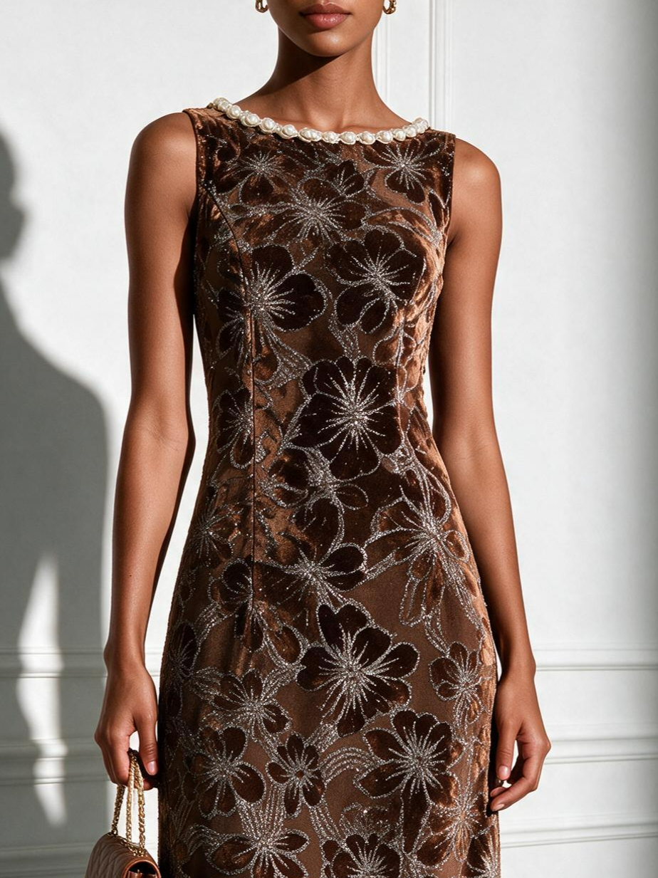 Brown Jacquard Classic Crew Neck Sleeveless A-Line Maxi Dress