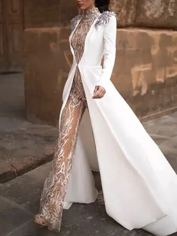 Fashion White Lace Beaded Decorate Sequined Banquet Two-Piece Jumpsuit - WHITE