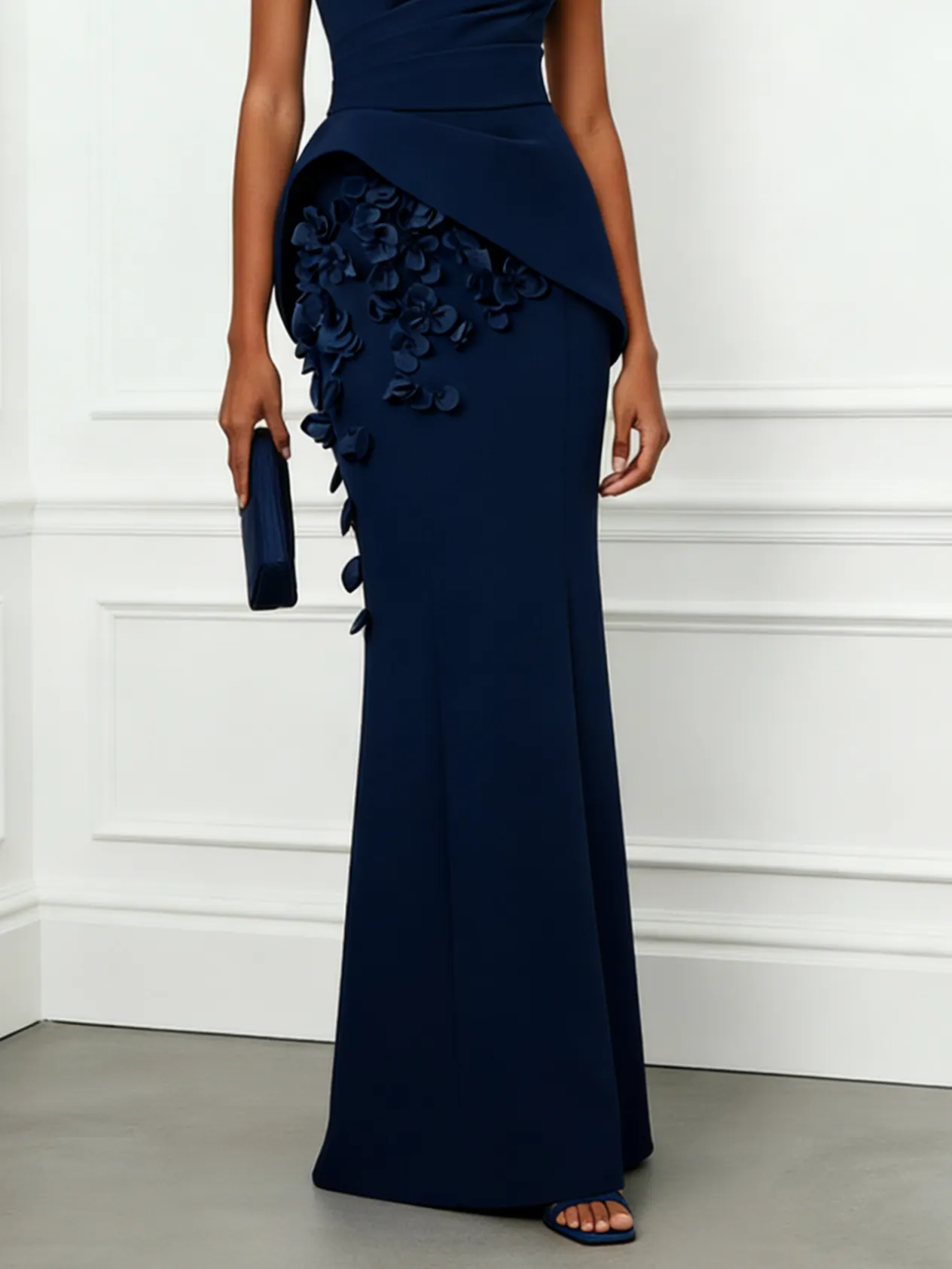 Navy Blue 3D Floral Classic Boat Neck Sleeveless Sheath Gown Dress