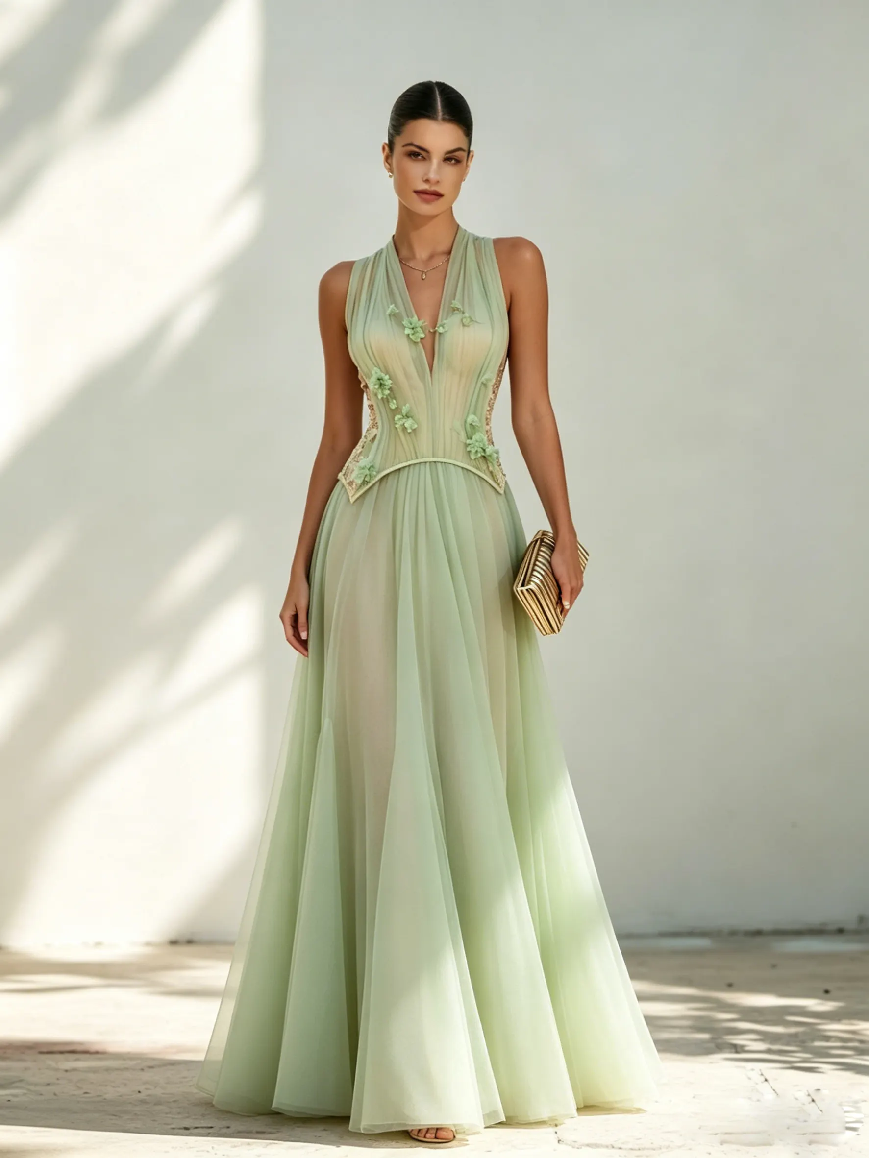 Green Chiffon V Neck Sleeveless A-Line Corset Floor-length Gown Dress