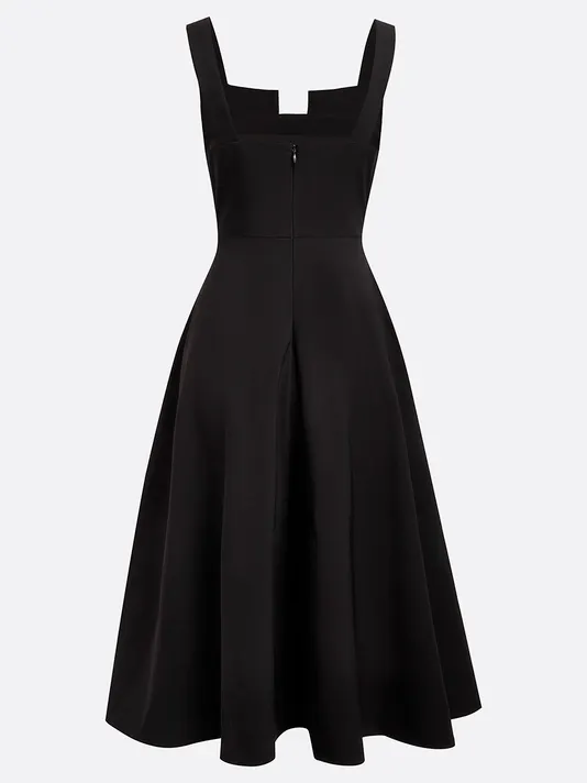 Black Buckle Notched Sleeveless A-Line Midi Dress With Pockets