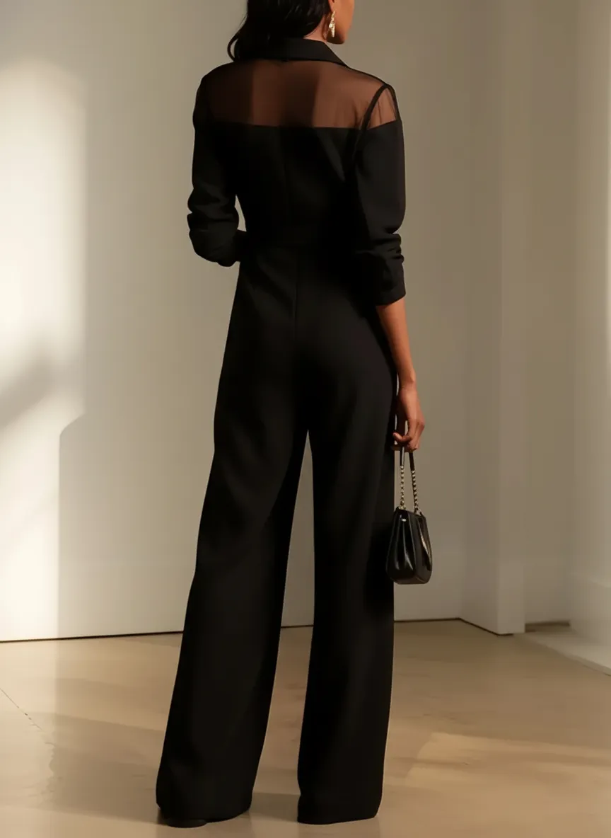 Women Black Mesh Lapel Collar Long Sleeve Dressy Jumpsuit