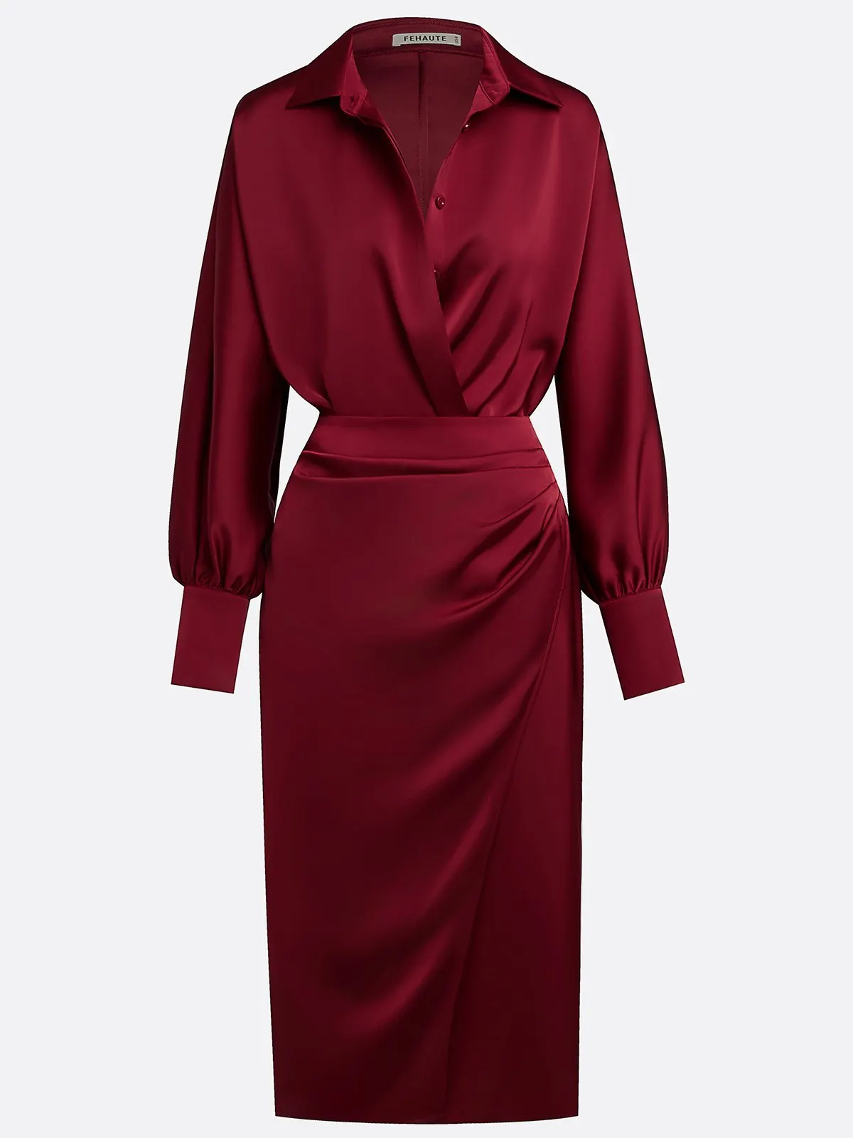 Women Wine Red Lapel Collar Long Sleeve Dressy Top With Skirt Two-Piece Set