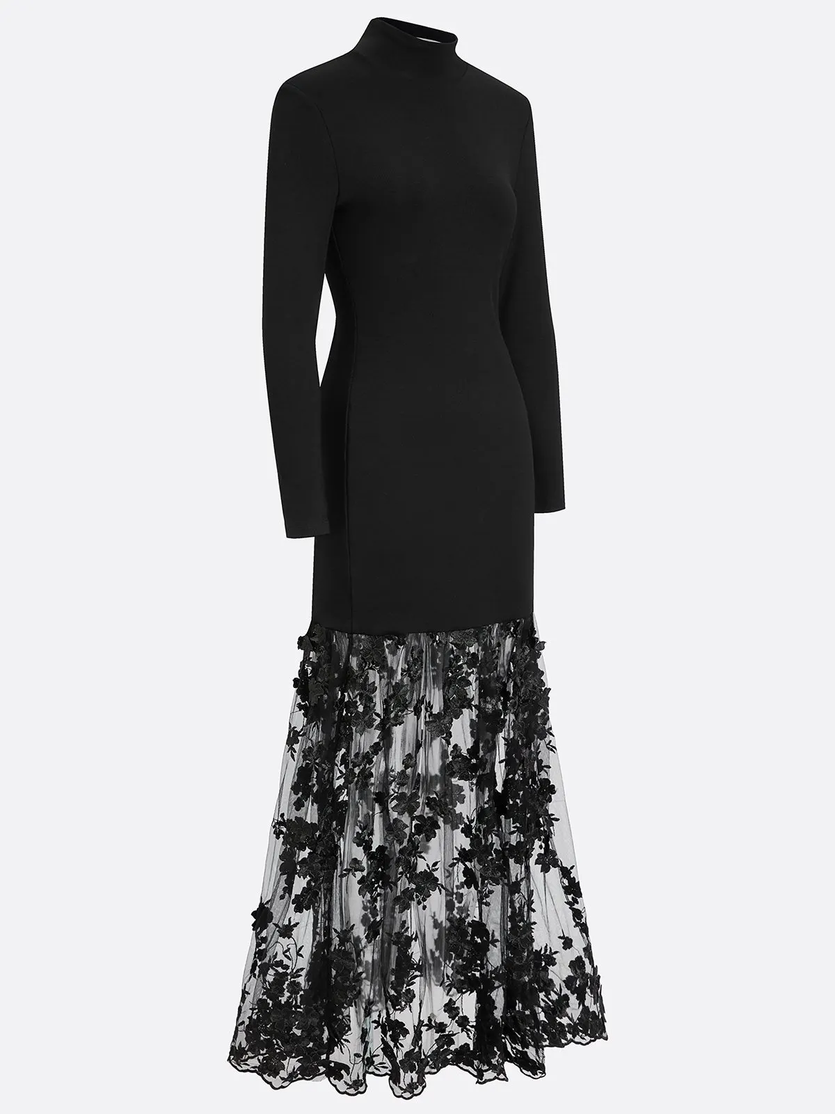 Black Mesh Floral Appliqué Knit Mock Neck Long Sleeve A-Line Maxi Dress