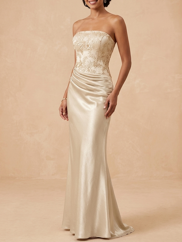 Strapless Satin Mother of the Bride Dress with Embroidered Bodice