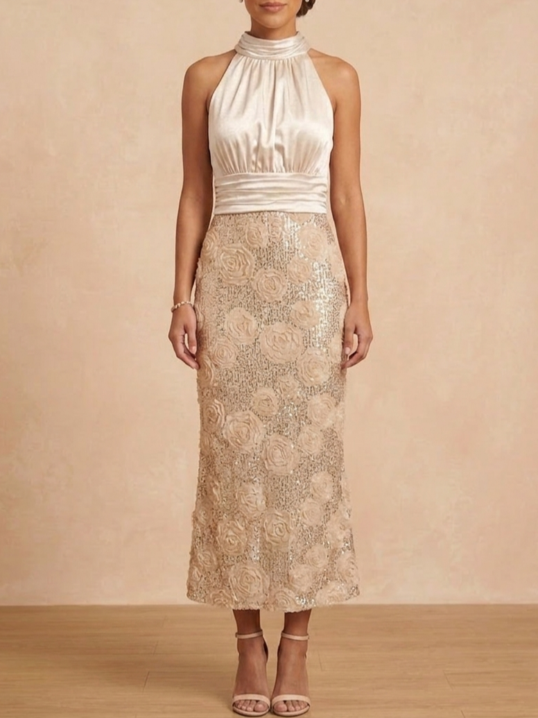 Champagne Mock Neck Satin and Rose Sequin Mother of the Bride Dress