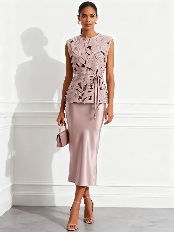 Women Pink Lace Crew Neck Sleeveless Elegant Dress With Top Two-Piece Set
