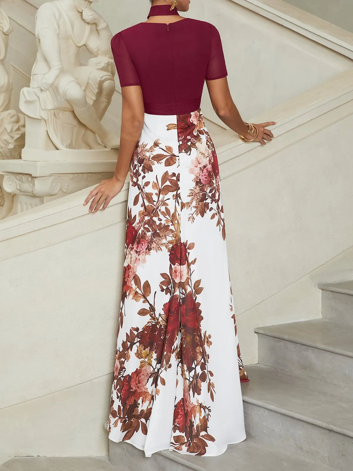 Wine Red Lace Floral Satin V Neck Short Sleeve A-Line Gown Dress