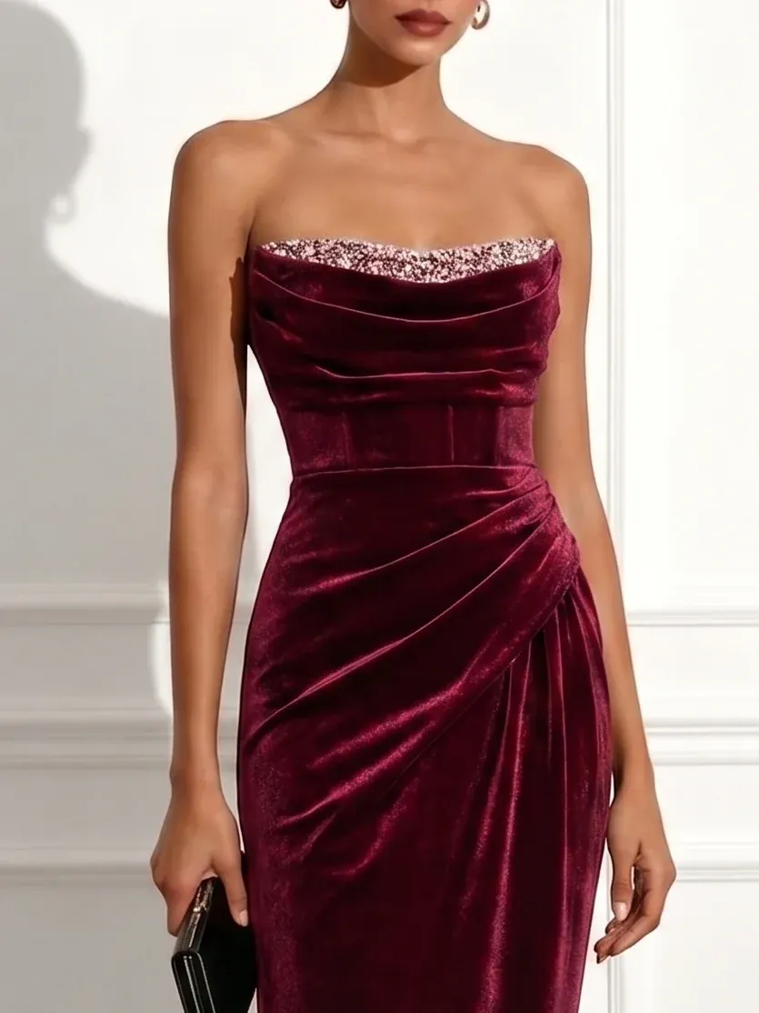Wine Red Ruched Glitter Velvet Strapless Long Sleeve Sheath Maxi Dress