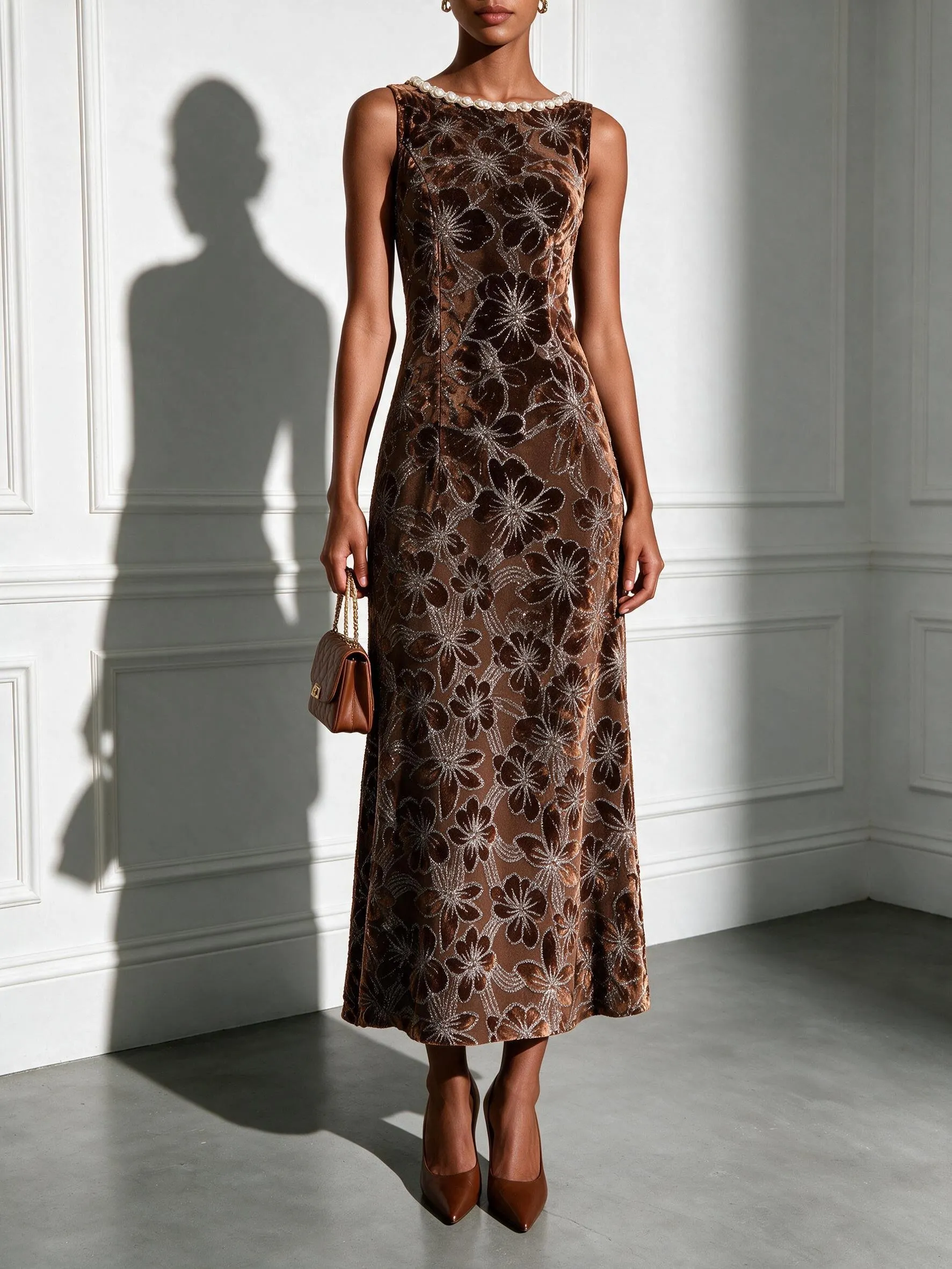 Brown Jacquard Classic Crew Neck Sleeveless A-Line Maxi Dress - Brown