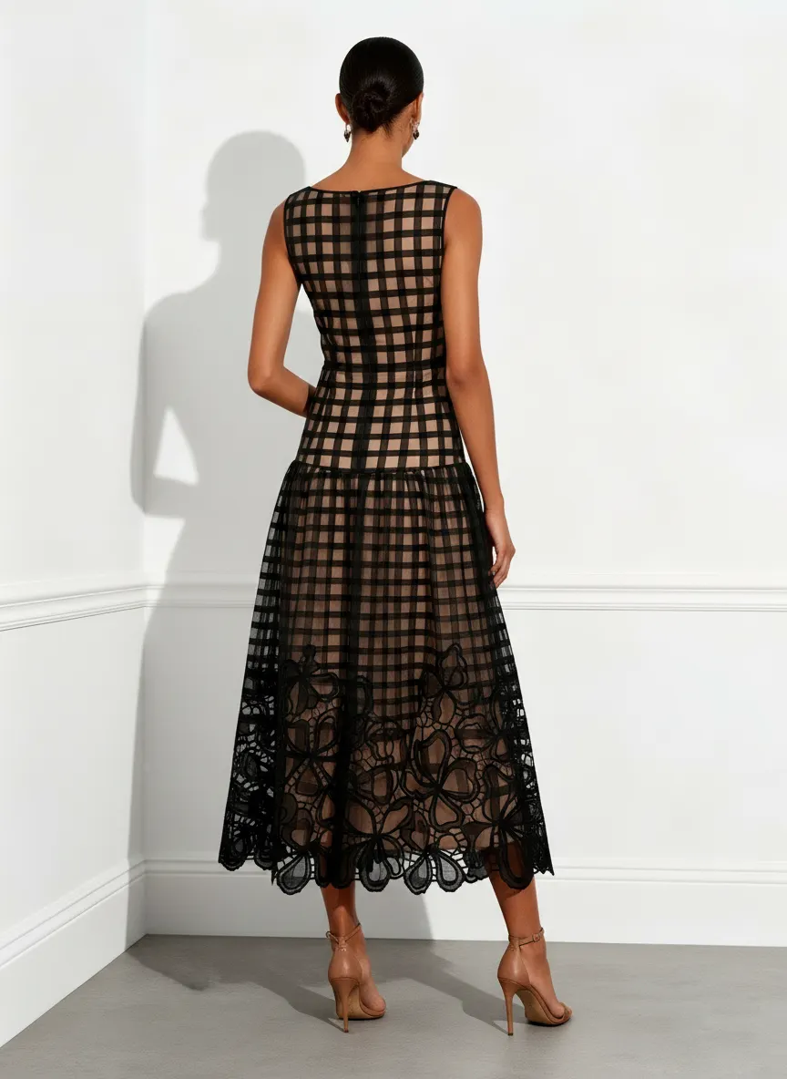 Black Floral Plaid Classic Boat Neck Sleeveless A-Line Midi Dress