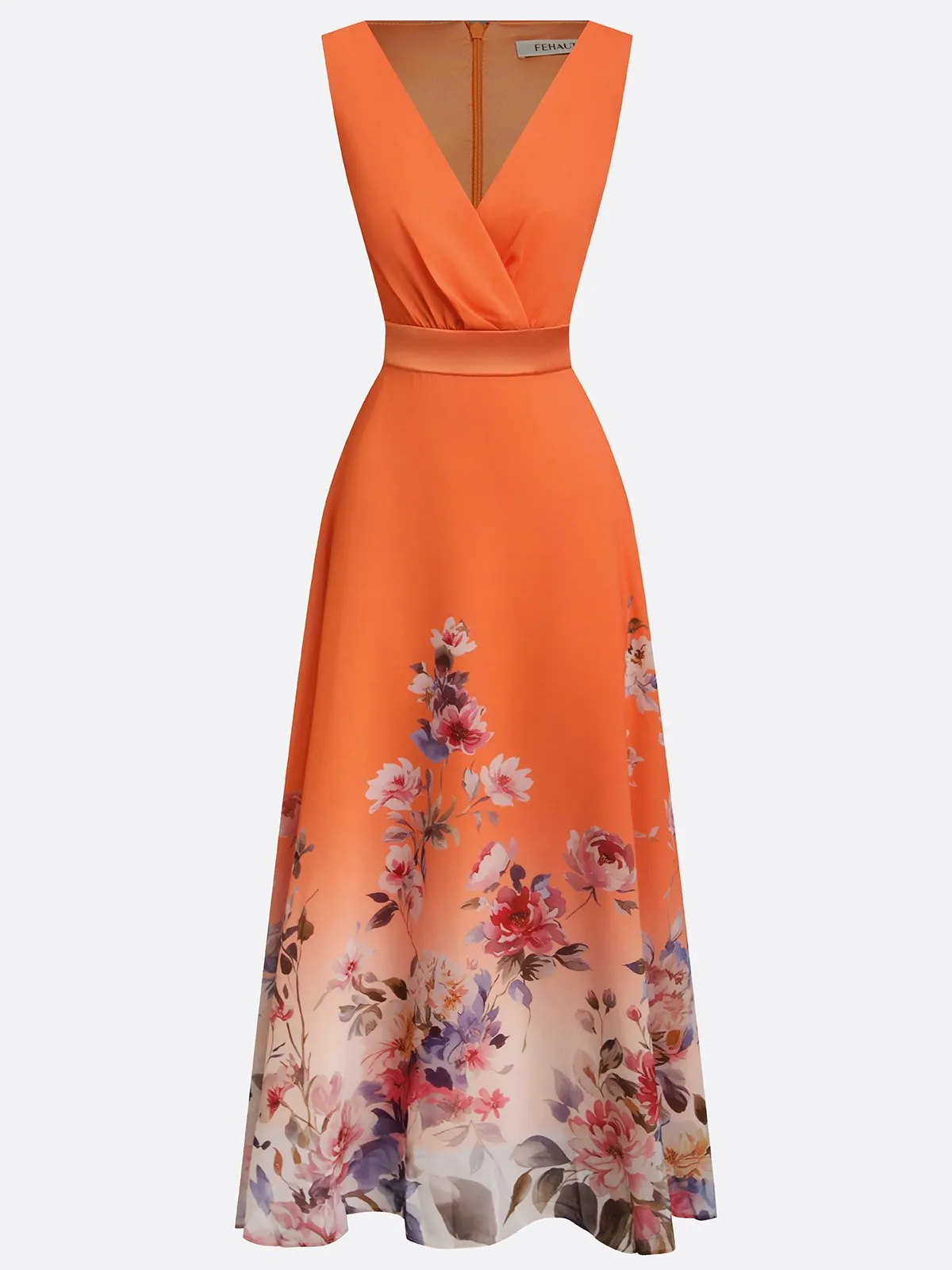Orange Floral Chiffon V Neck Sleeveless A-Line Maxi Dress