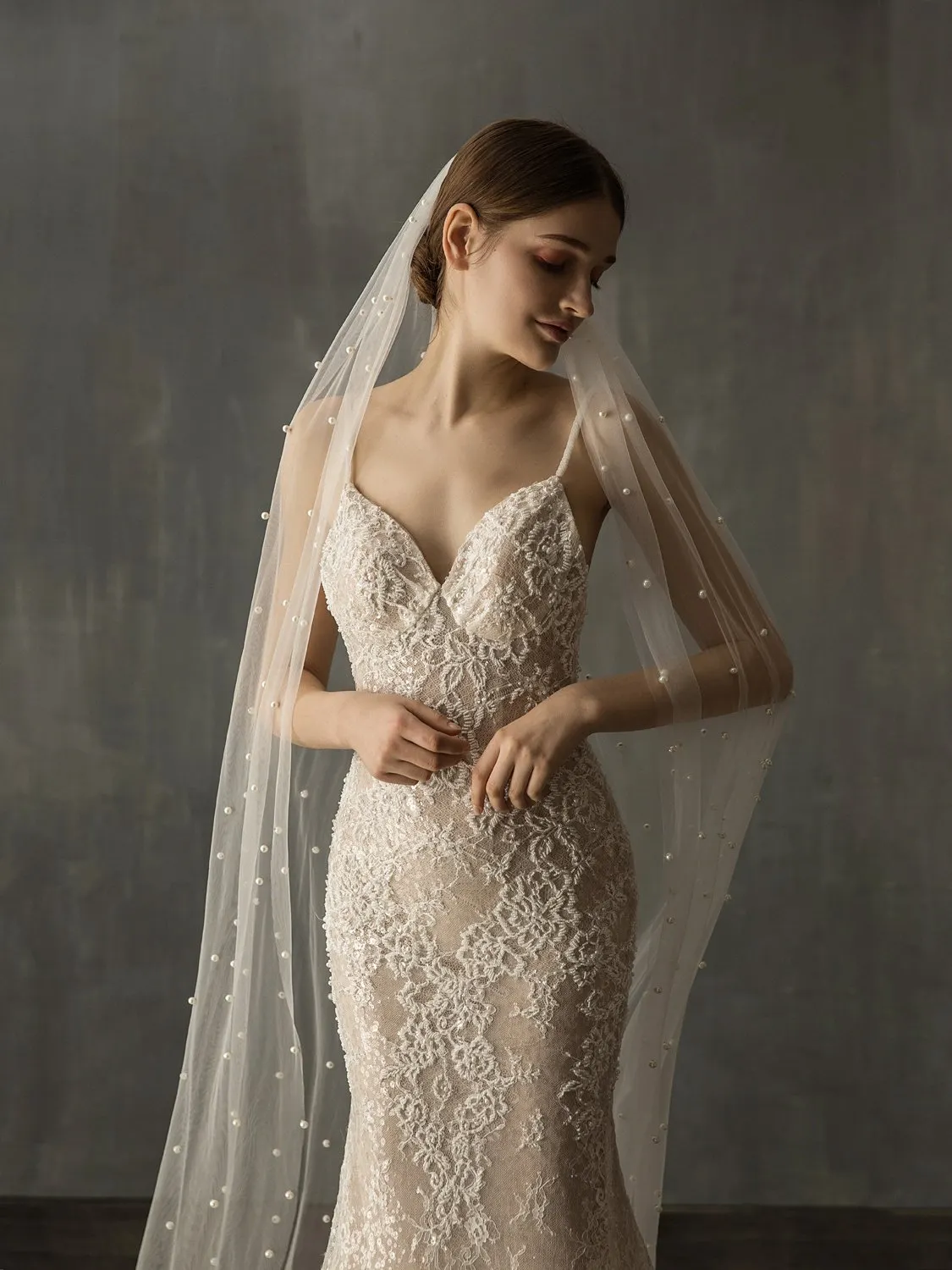 Hand-Sewn Hair Comb Pearls Long Train Soft Tulle Bridal Veil - Ivory