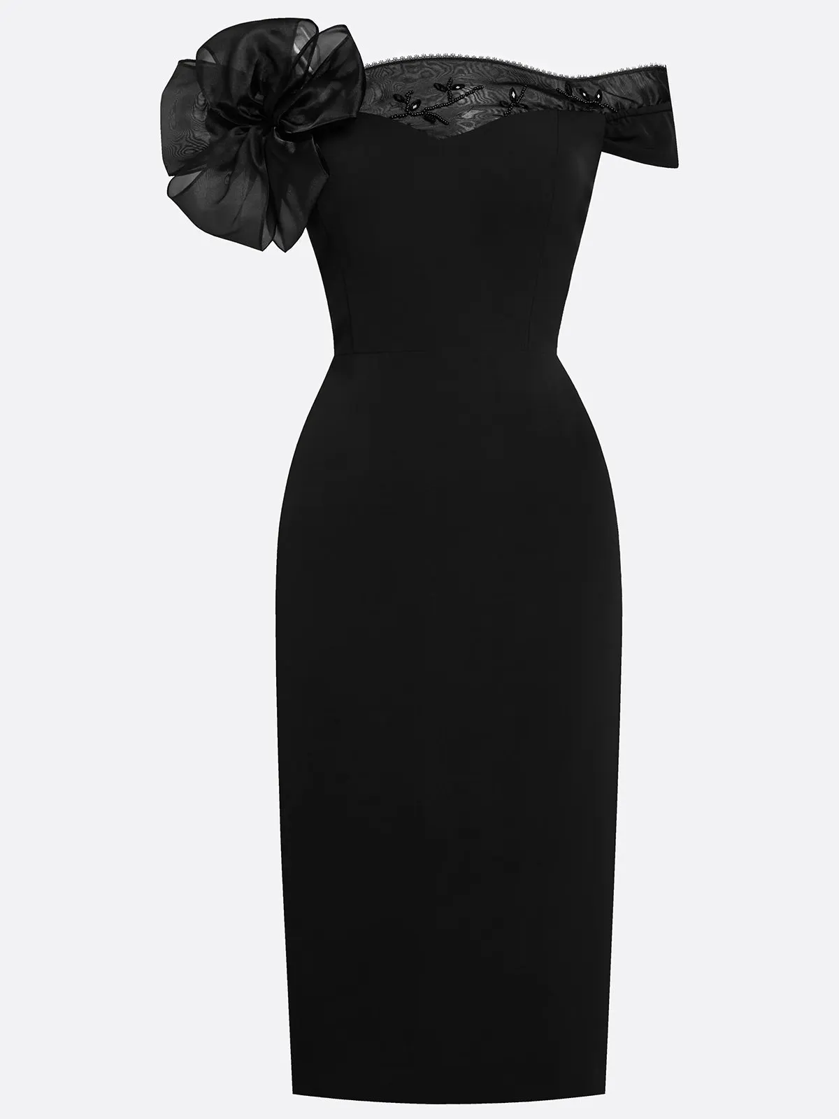 Elegant Black Off-the-Shoulder Mother of the Bride Dress - Column Evening Gown with Floral Appliqué and Illusion Neckline