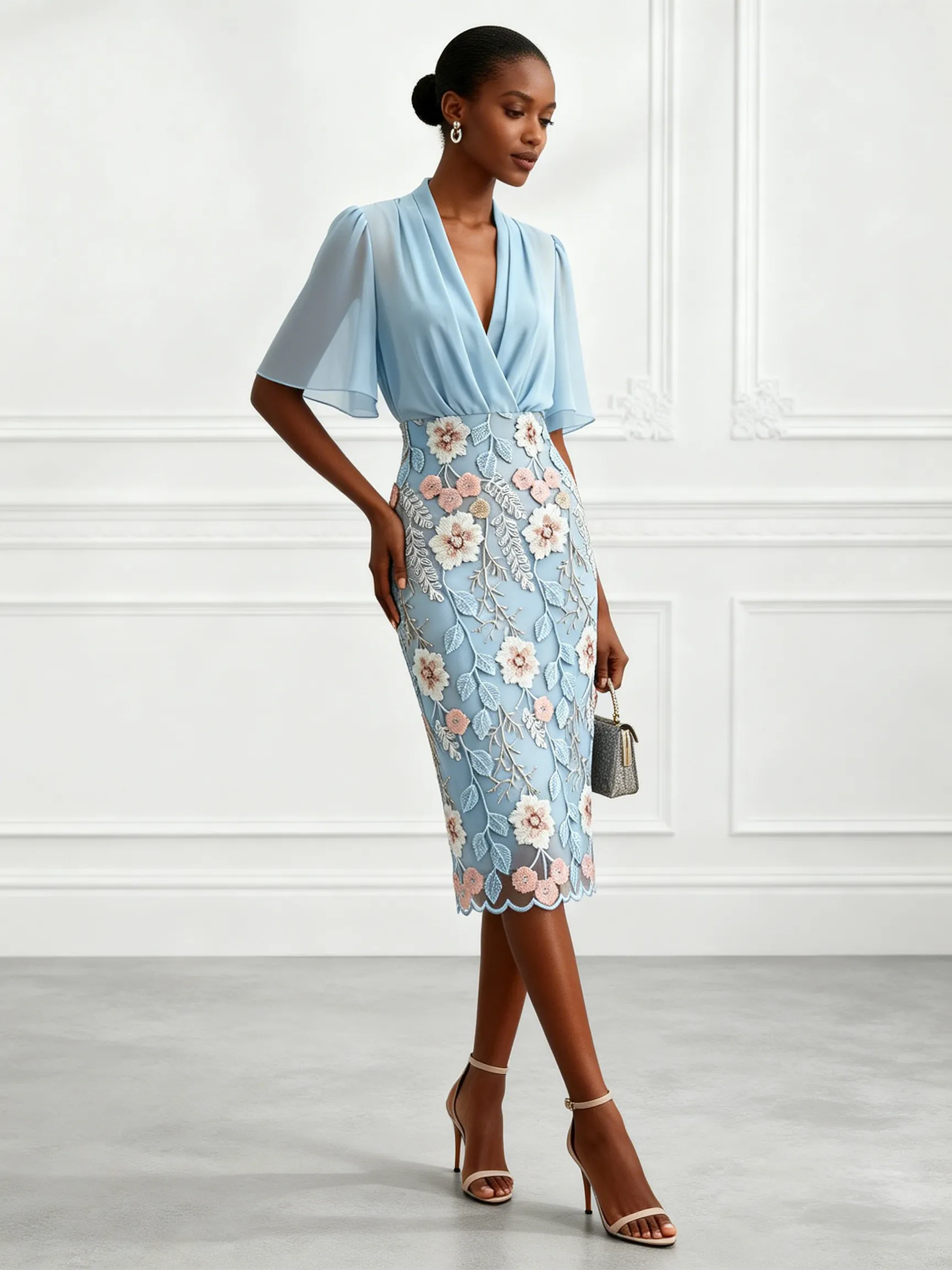 Light Blue Classic V Neck Half Sleeve Bell Sleeve Sheath Midi Dress