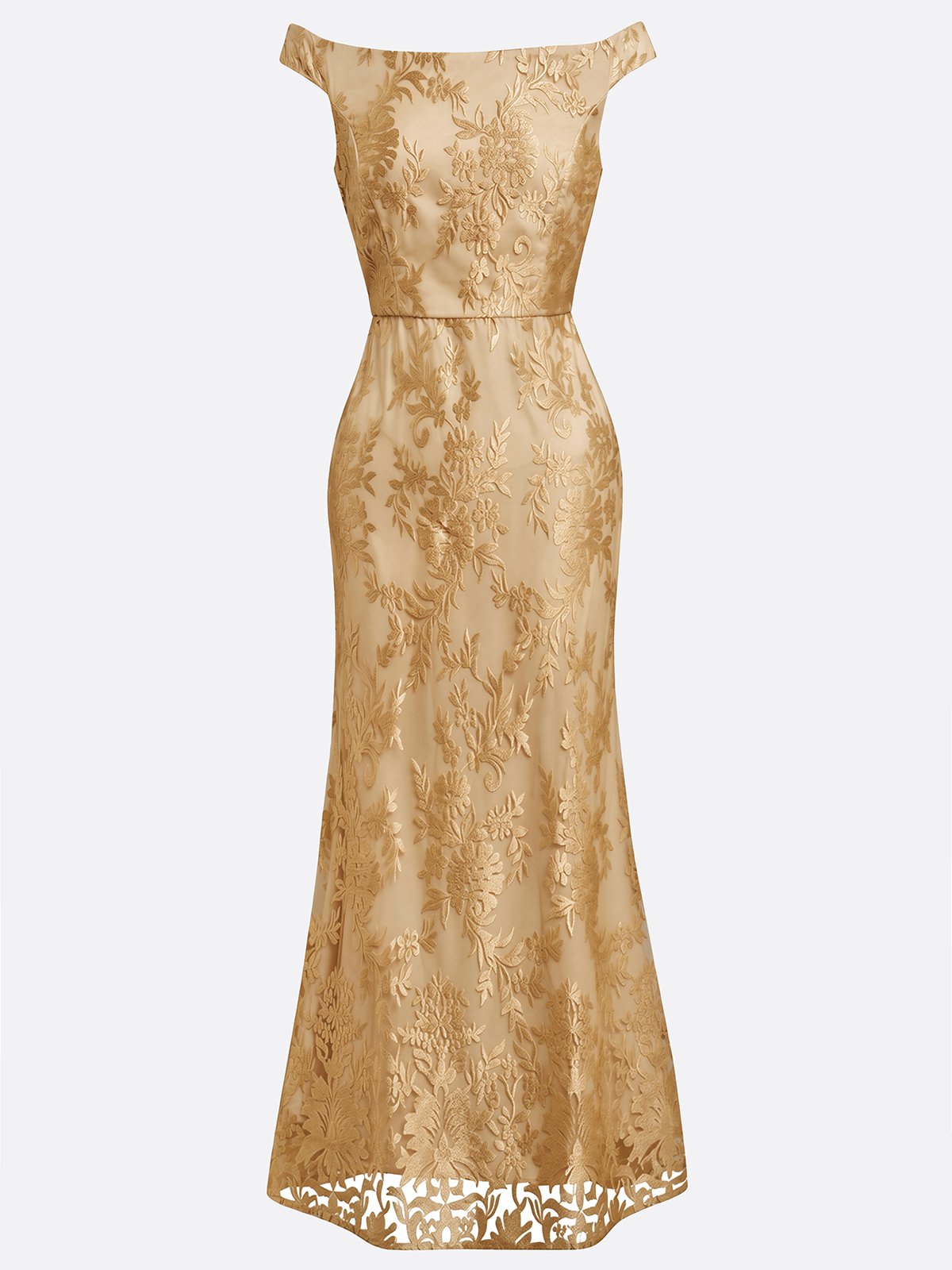 Champagne Jacquard Bone Lace Off The Shoulder Short Sleeve Mermaid Maxi Dress