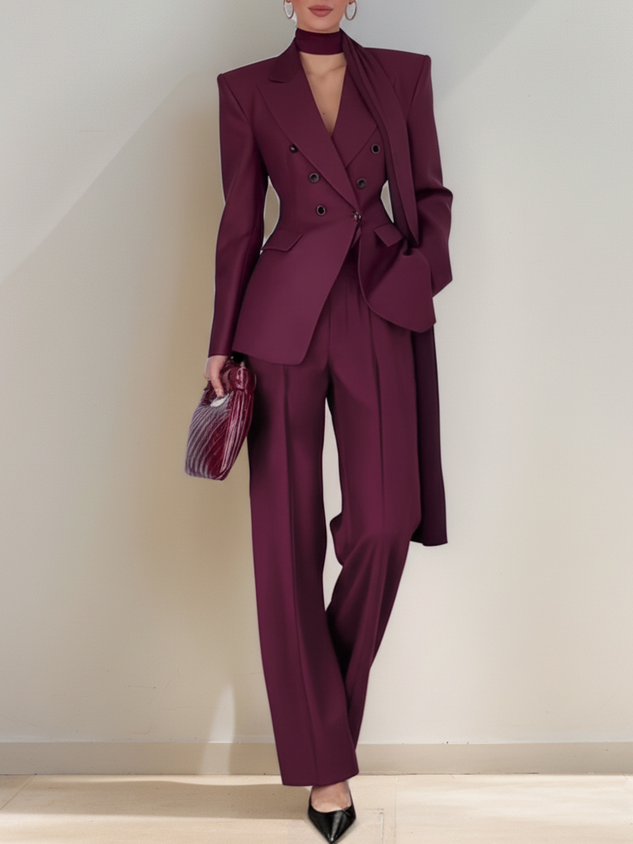 Women Wine Red Buckle Shoulder Pad Lapel Collar Long Sleeve Dressy Blazer With Pants Two-Piece Set