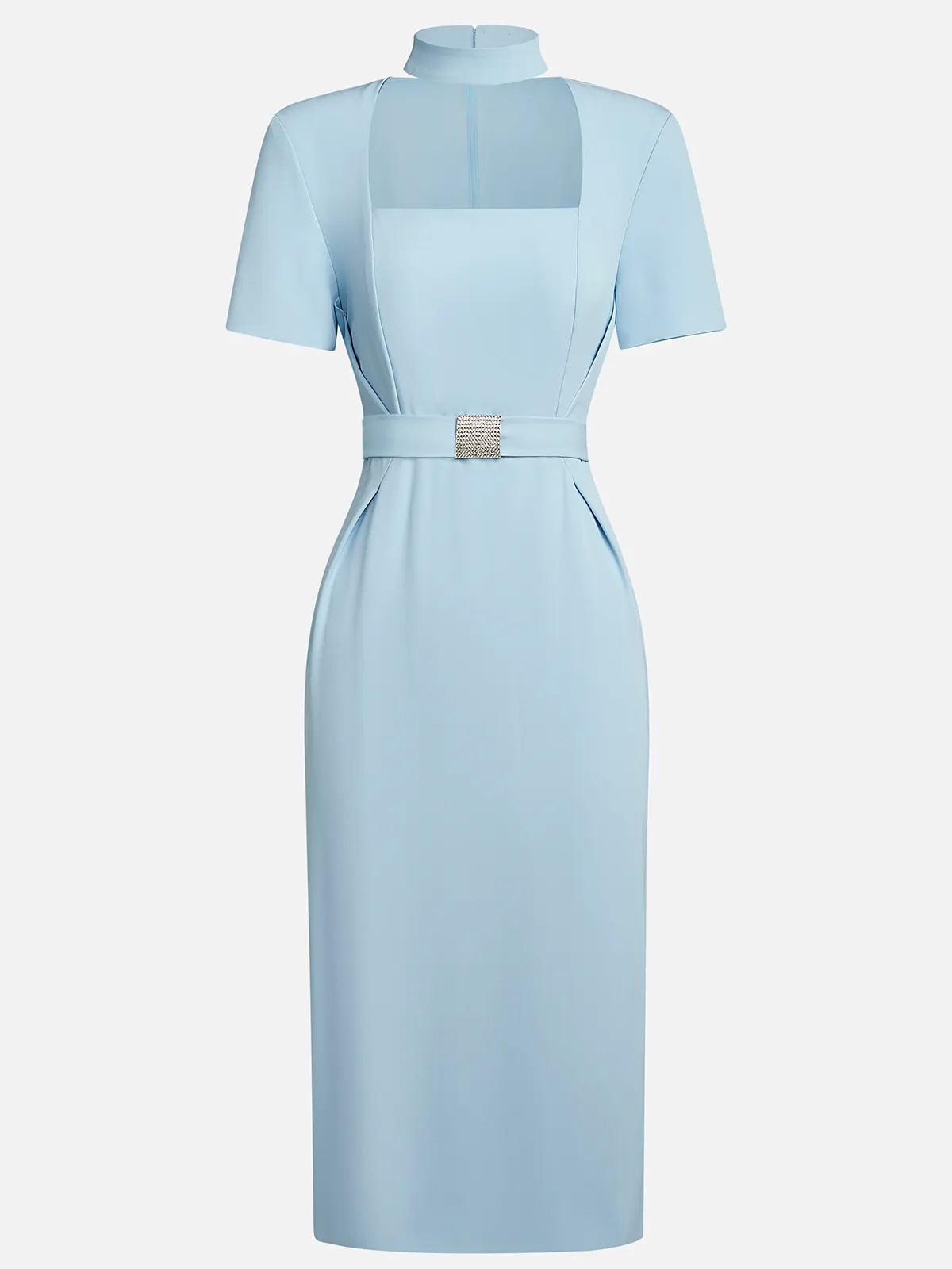 Light Blue Rhinestone Classic Square Neck Short Sleeve Sheath Midi Dress
