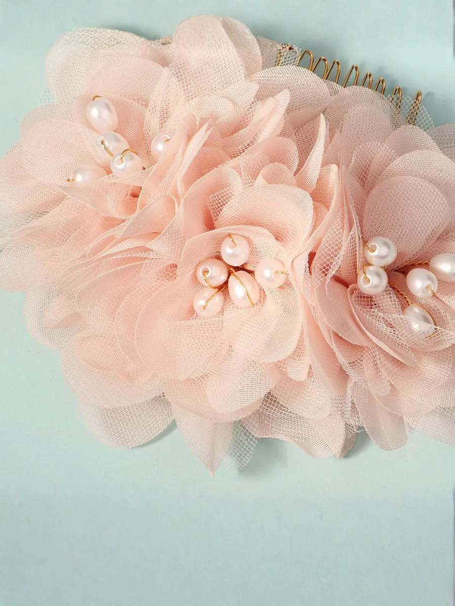 Handmade Beautiful Pink Pearl Mesh Flower Bridesmaid Hair Comb