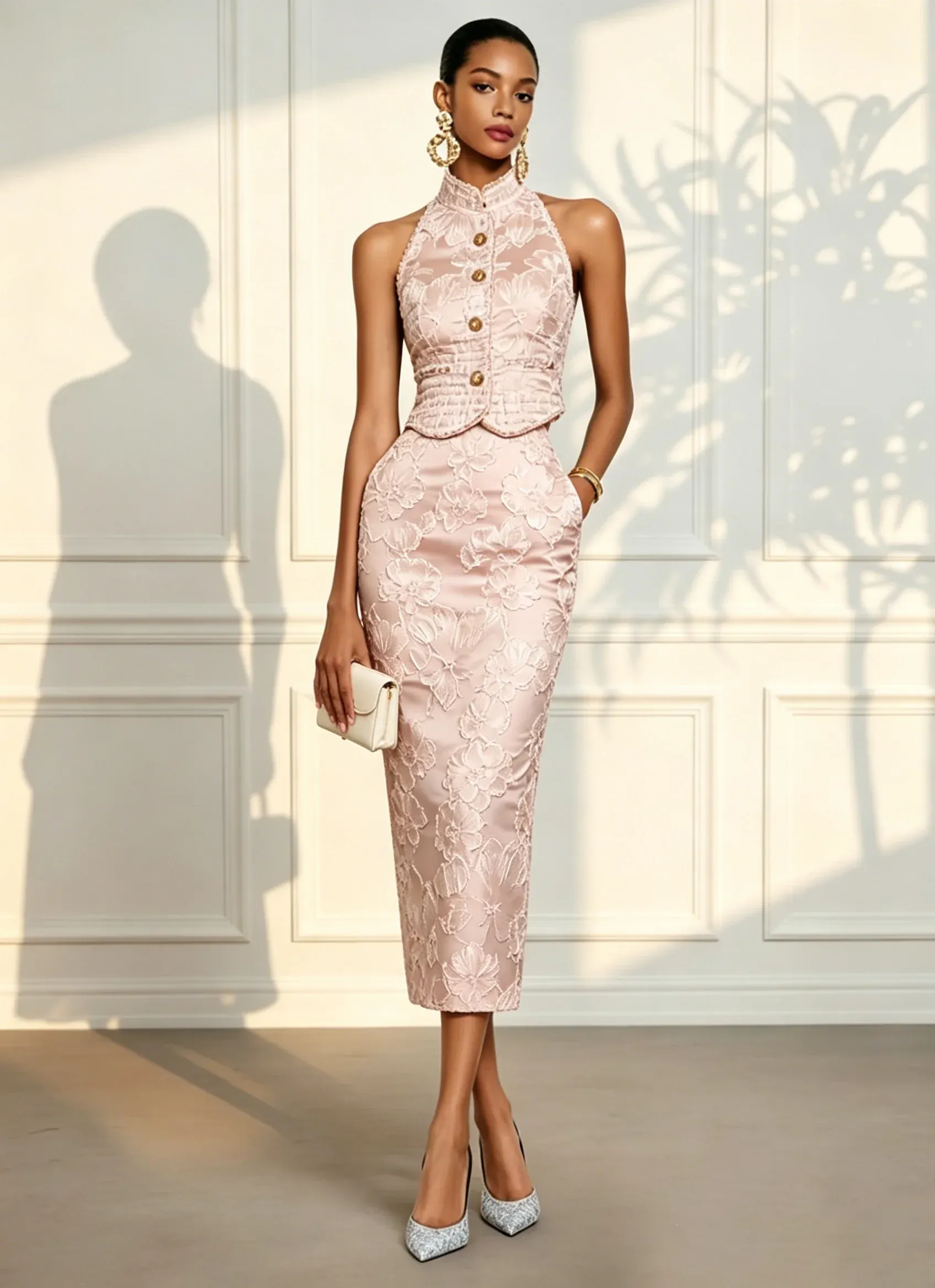 Women Pink Jacquard Stand Collar Sleeveless Elegant Top With Skirt Two-Piece Set