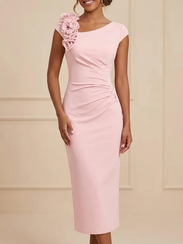 Dusty Pink 3D Rosette Shoulder Ruched Midi Bridesmaid Dress