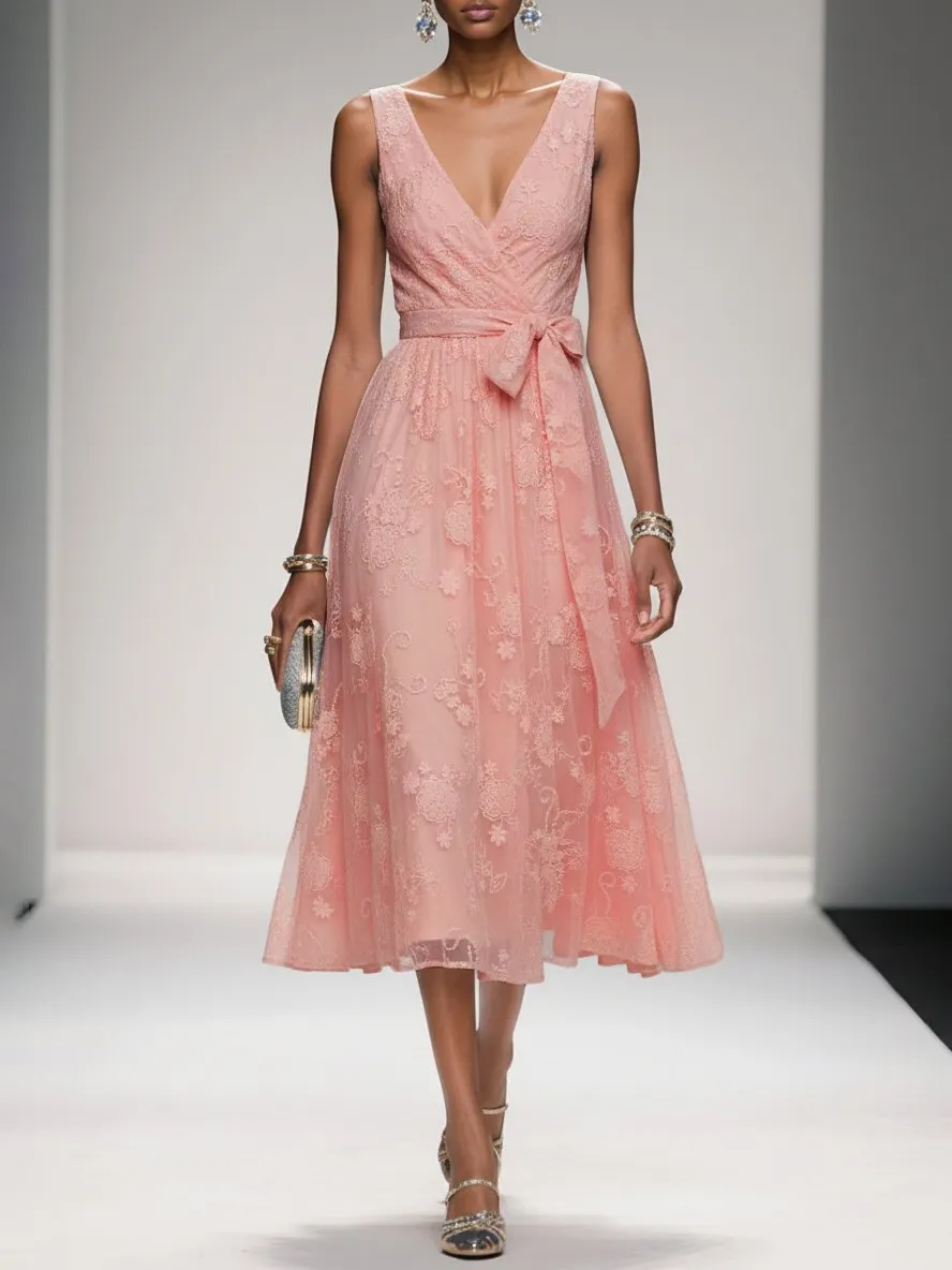 Deep Pink Bow Embroidery Classic V Neck Sleeveless A-Line Midi Dress With Pockets - Deep Pink