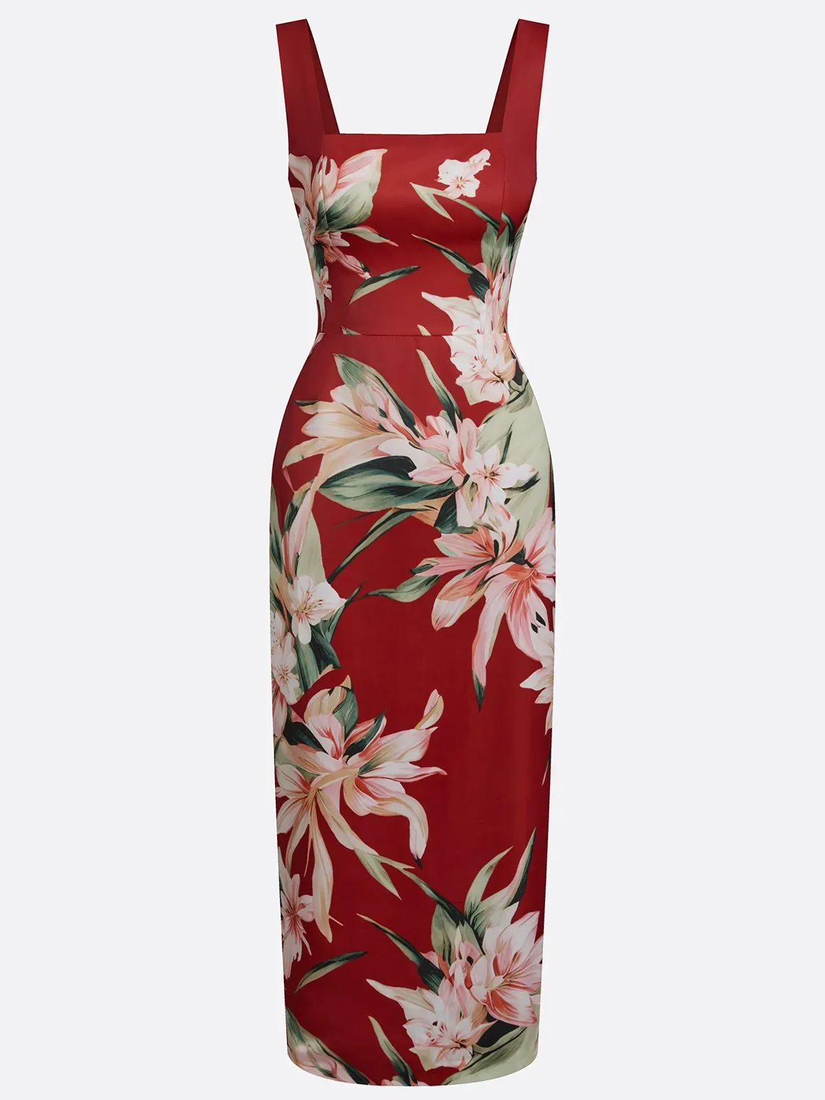 Red Floral Satin Square Neck Sleeveless Sheath Midi Dress