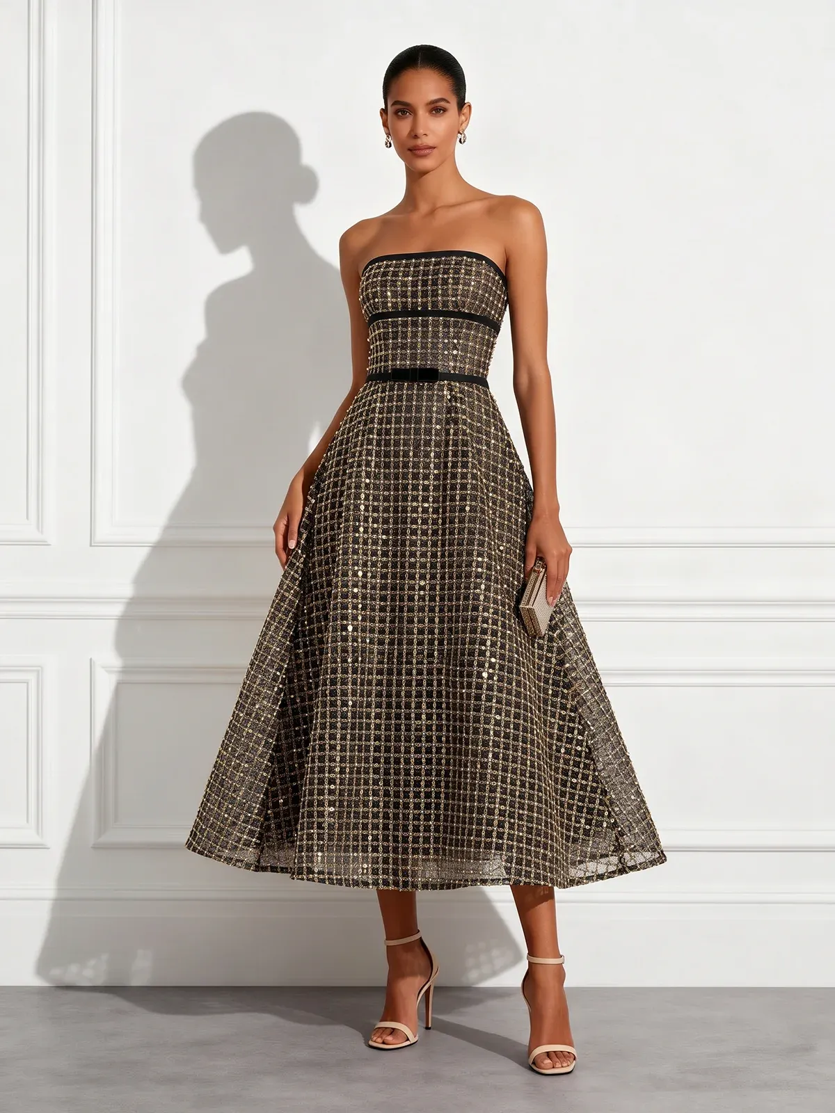Black Glitter Beaded Sequin Strapless Sleeveless A-Line Midi Dress