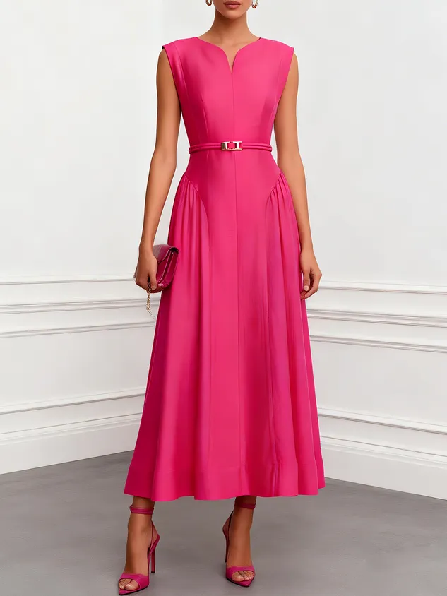 Rose Red Classic Notched Sleeveless A-Line Maxi Dress