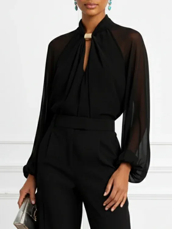 Women Black Metal Buckle Mock Neck Long Sleeve Balloon Sleeve Dressy Jumpsuit
