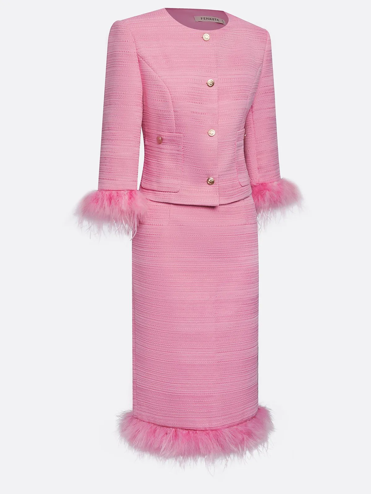 Women Tweed Rose Red Feather-trimmed Buckle Crew Neck Three Quarter Sleeve Dressy Coat With Skirt Two-Piece Set