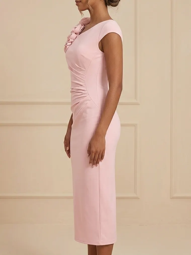Dusty Pink 3D Rosette Shoulder Ruched Midi Bridesmaid Dress