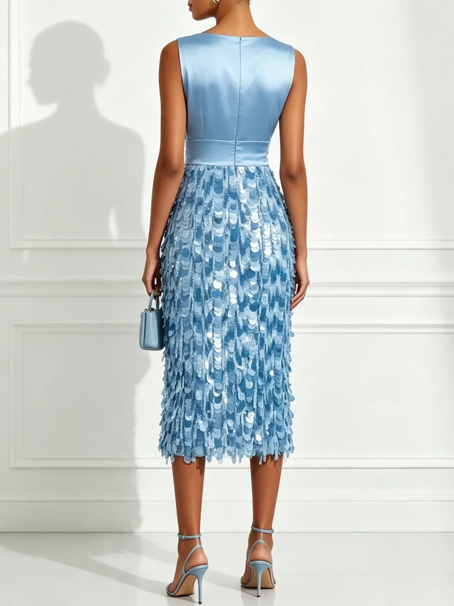 Light Blue Sequin V Neck Sleeveless Sheath Midi Dress - Light Blue
