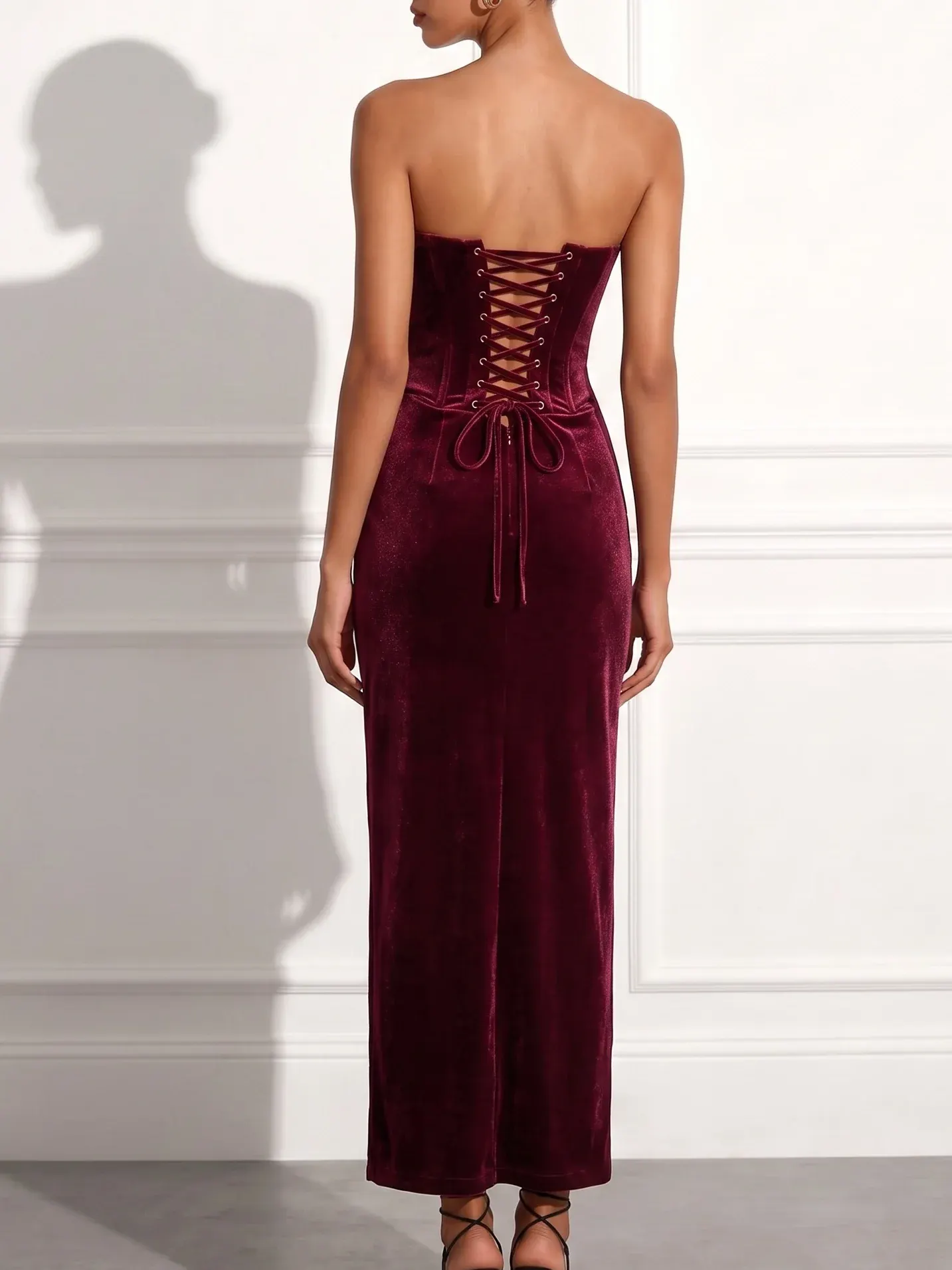 Wine Red Ruched Glitter Velvet Strapless Long Sleeve Sheath Maxi Dress - Wine Red
