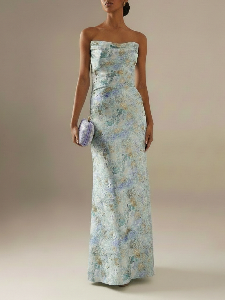 Light Blue Floral Jacquard Satin Strapless Sleeveless Sheath Floor Length Dress - Light Blue
