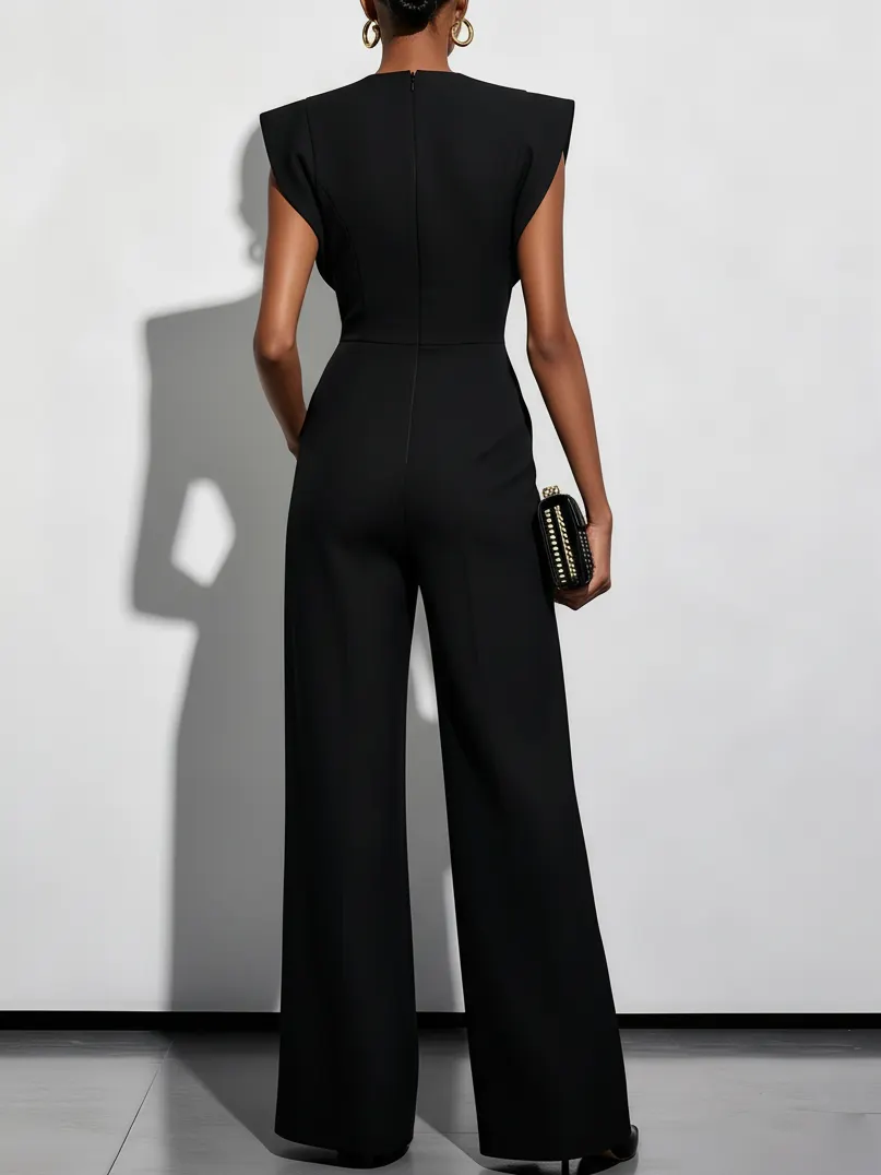 Women Black Buckle Hollow Out Crew Neck Cap Sleeve Dressy Jumpsuit