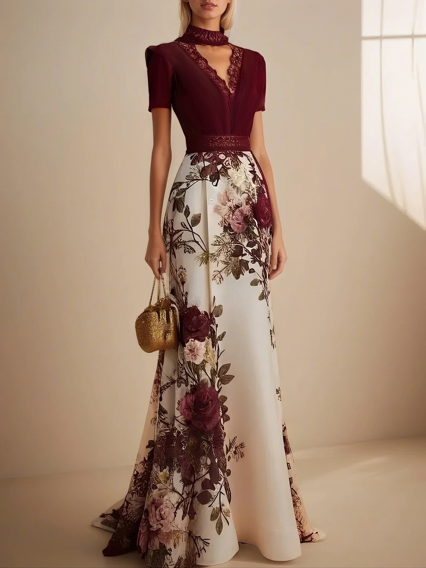 Wine Red Lace Floral Satin V Neck Short Sleeve A-Line Gown Dress - Wine Red