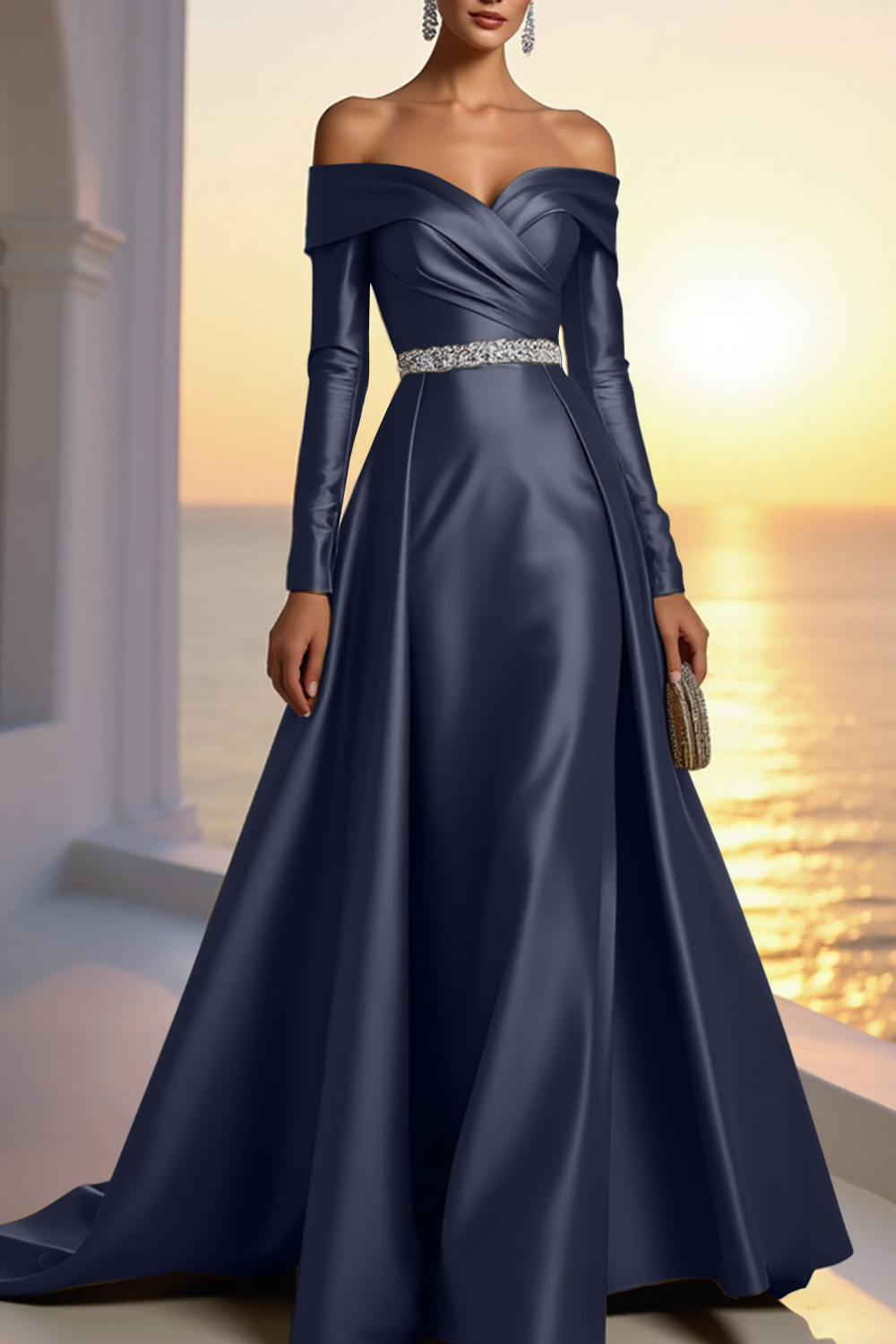 Formal Champagne Satin Dress Off The Shoulder Long Sleeve Maxi Gown