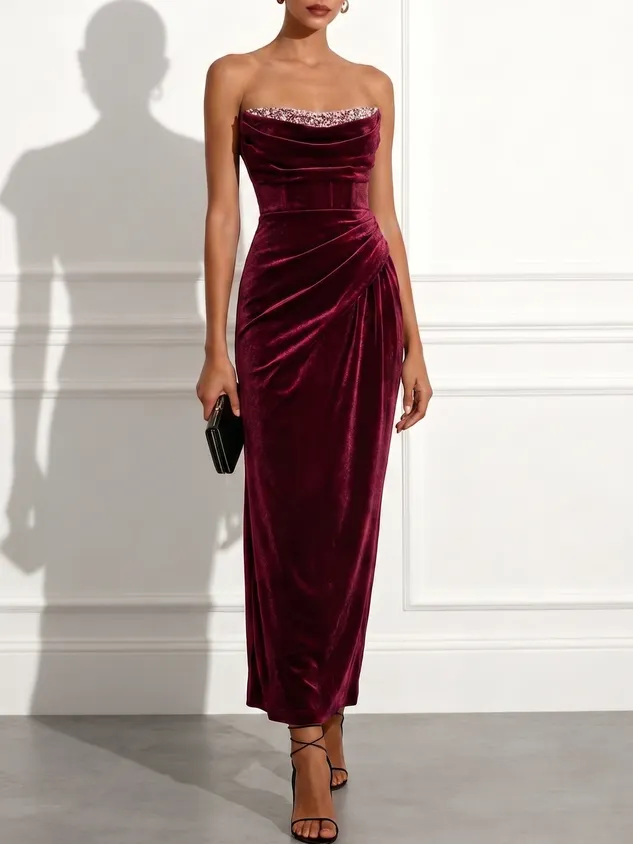 Wine Red Ruched Glitter Velvet Strapless Long Sleeve Sheath Maxi Dress