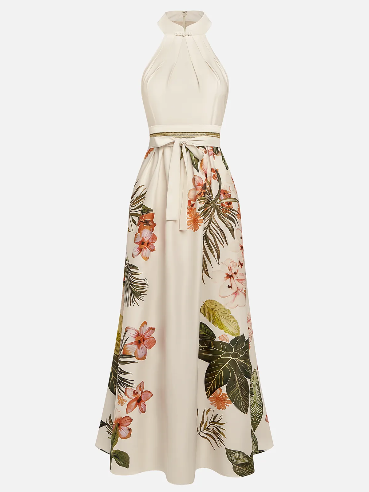 Beige Floral Bow Satin Halter Neck Sleeveless A-Line Gown Dress